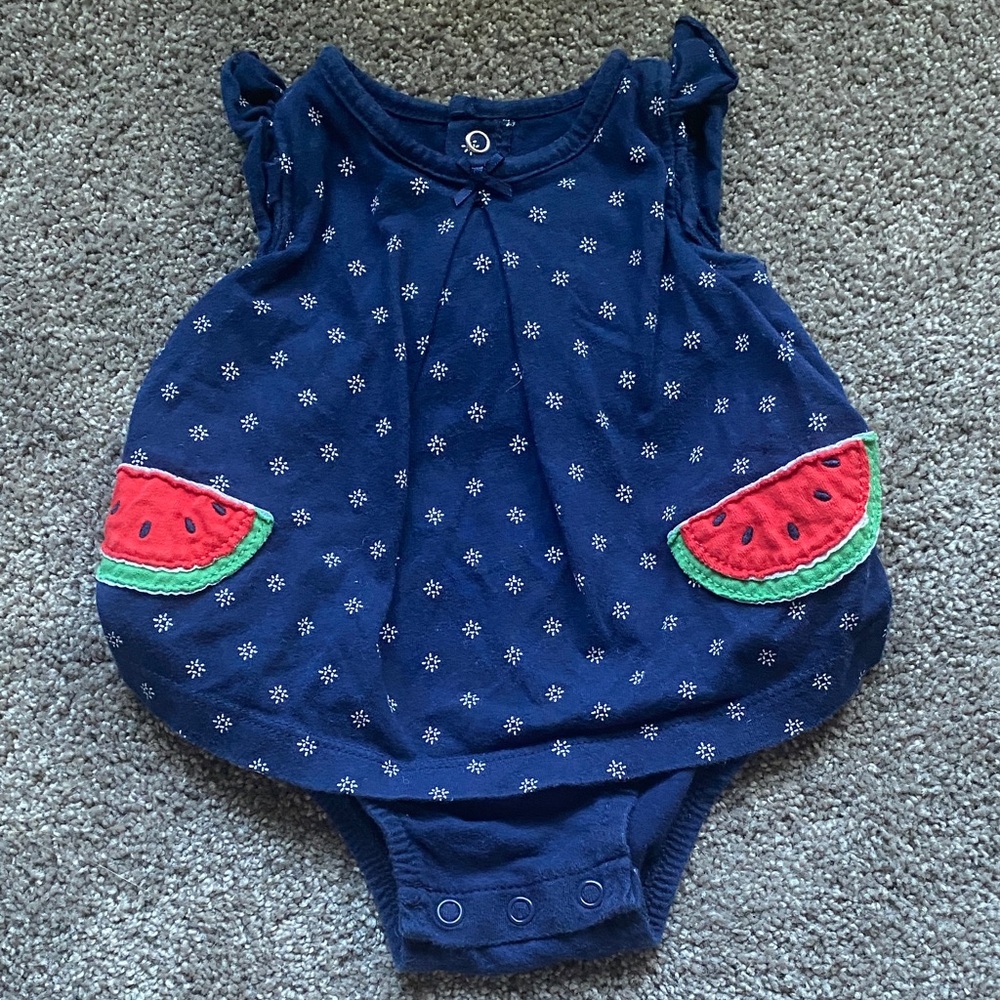 Child of Mine Navy Romper with Watermelon Accents